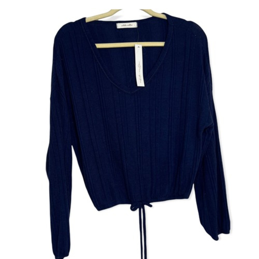White Willow Sweater Women Medium Navy Blue New Ribbed Drawstring BE20513RK